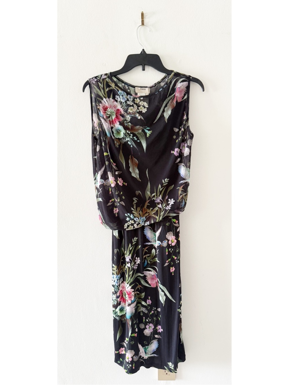 FUZZI Black Hummingbird Floral Print Blouson Mesh Jersey Midi Dress Size Large